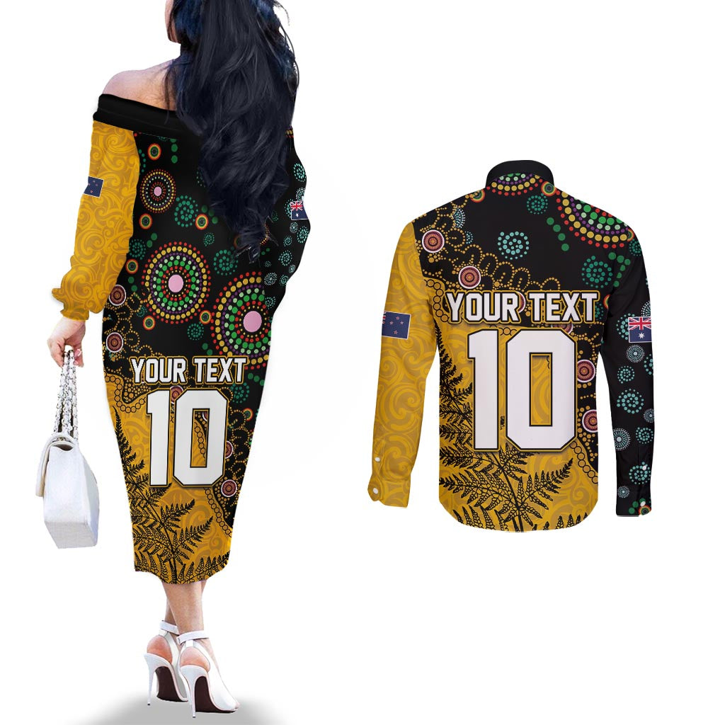 Custom New Zealand and Australia Rugby Couples Matching Off The Shoulder Long Sleeve Dress and Long Sleeve Button Shirt Maori Warrior With Aboriginal Version LT03 - Polynesian Pride