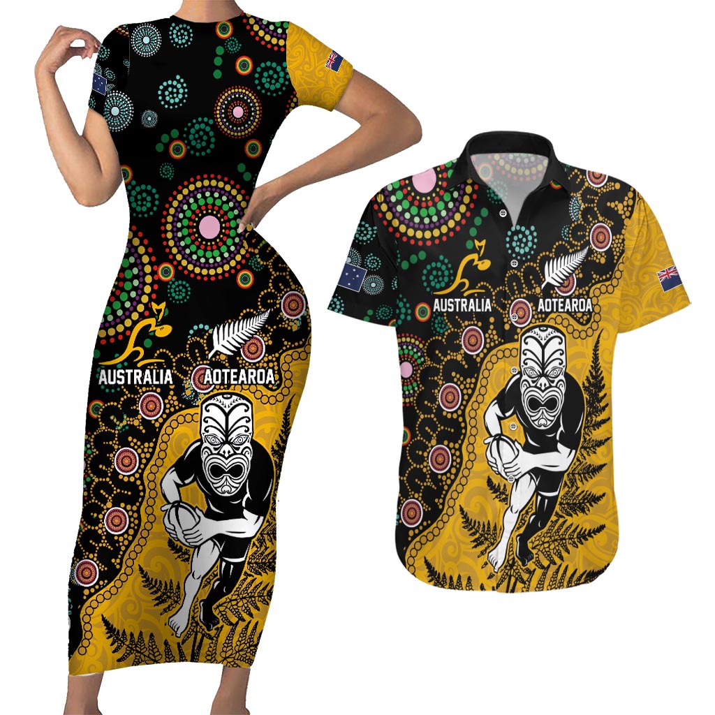 Custom New Zealand and Australia Rugby Couples Matching Short Sleeve Bodycon Dress and Hawaiian Shirt Maori Warrior With Aboriginal Version