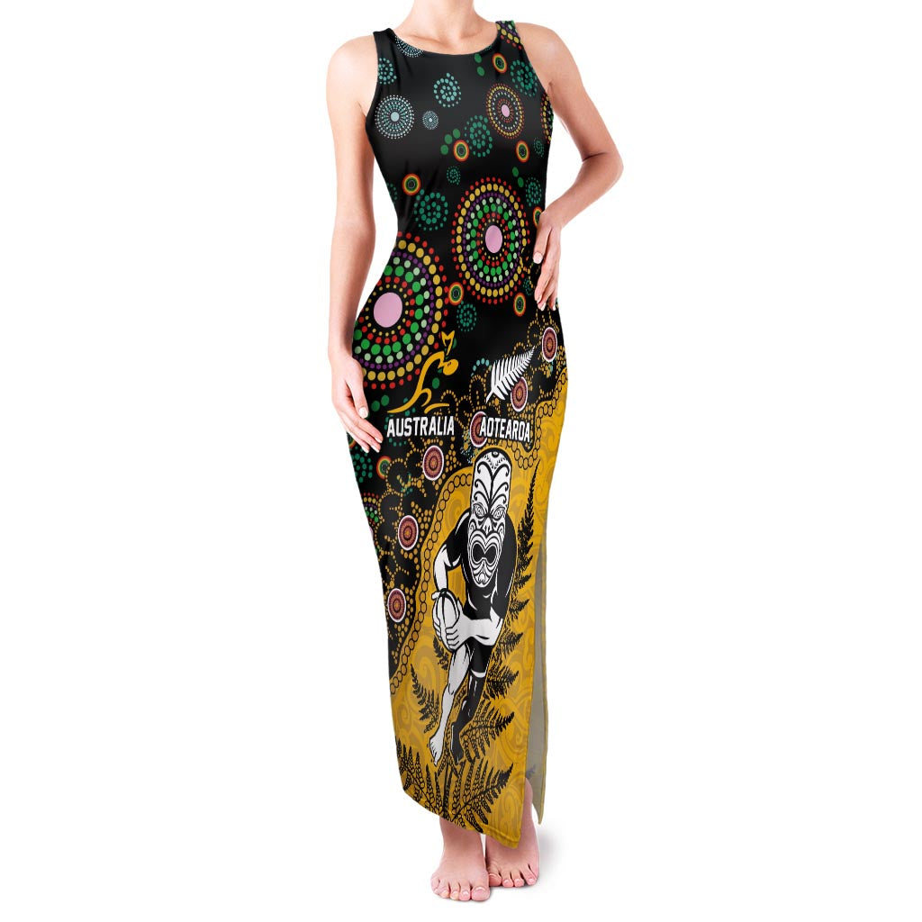 Custom New Zealand and Australia Rugby Family Matching Tank Maxi Dress and Hawaiian Shirt Maori Warrior With Aboriginal Version