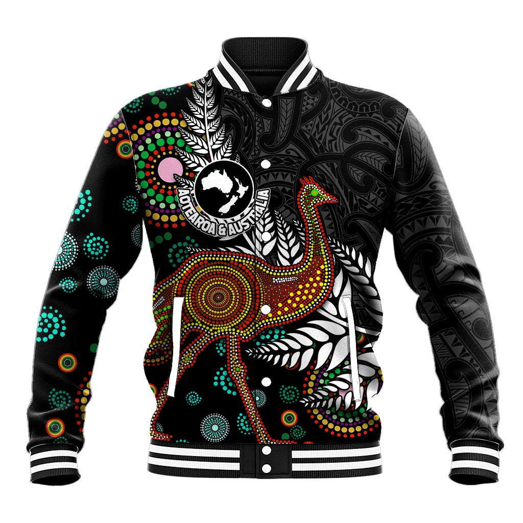 New Zealand Fern and Australia Emu Baseball Jacket Aboriginal Mix Maori Pattern