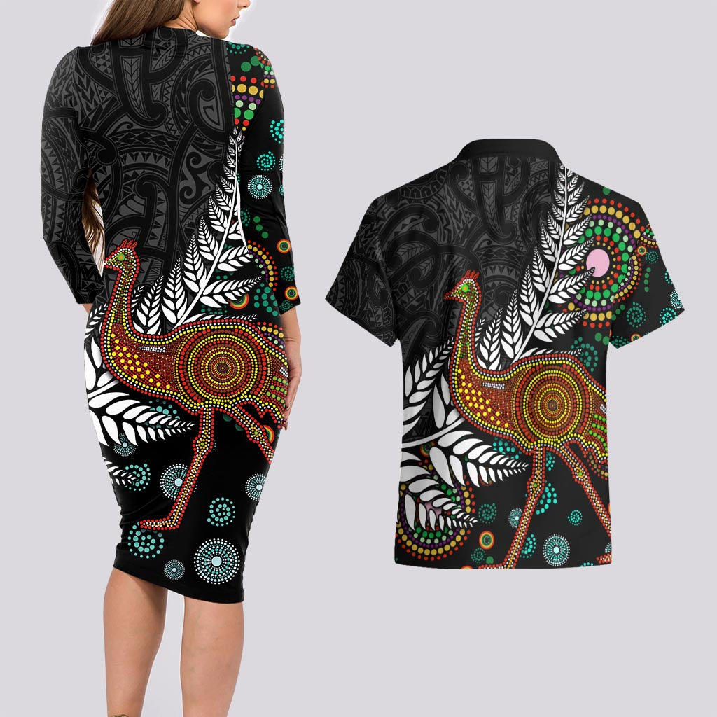 New Zealand Fern and Australia Emu Couples Matching Long Sleeve Bodycon Dress and Hawaiian Shirt Aboriginal Mix Maori Pattern LT03 - Polynesian Pride