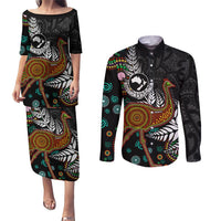 New Zealand Fern and Australia Emu Couples Matching Puletasi and Long Sleeve Button Shirt Aboriginal Mix Maori Pattern