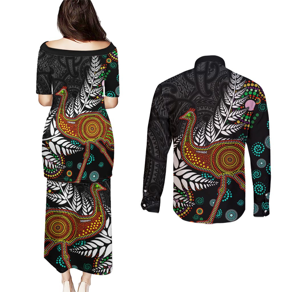 New Zealand Fern and Australia Emu Couples Matching Puletasi and Long Sleeve Button Shirt Aboriginal Mix Maori Pattern