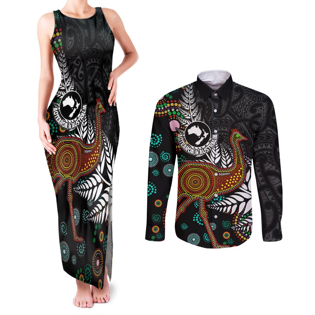New Zealand Fern and Australia Emu Couples Matching Tank Maxi Dress and Long Sleeve Button Shirt Aboriginal Mix Maori Pattern LT03 Blue - Polynesian Pride