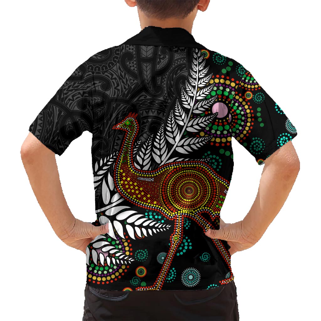 New Zealand Fern and Australia Emu Family Matching Long Sleeve Bodycon Dress and Hawaiian Shirt Aboriginal Mix Maori Pattern LT03 - Polynesian Pride