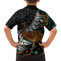 New Zealand Fern and Australia Emu Family Matching Long Sleeve Bodycon Dress and Hawaiian Shirt Aboriginal Mix Maori Pattern LT03 - Polynesian Pride