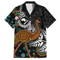 New Zealand Fern and Australia Emu Family Matching Long Sleeve Bodycon Dress and Hawaiian Shirt Aboriginal Mix Maori Pattern LT03 Dad's Shirt - Short Sleeve Blue - Polynesian Pride