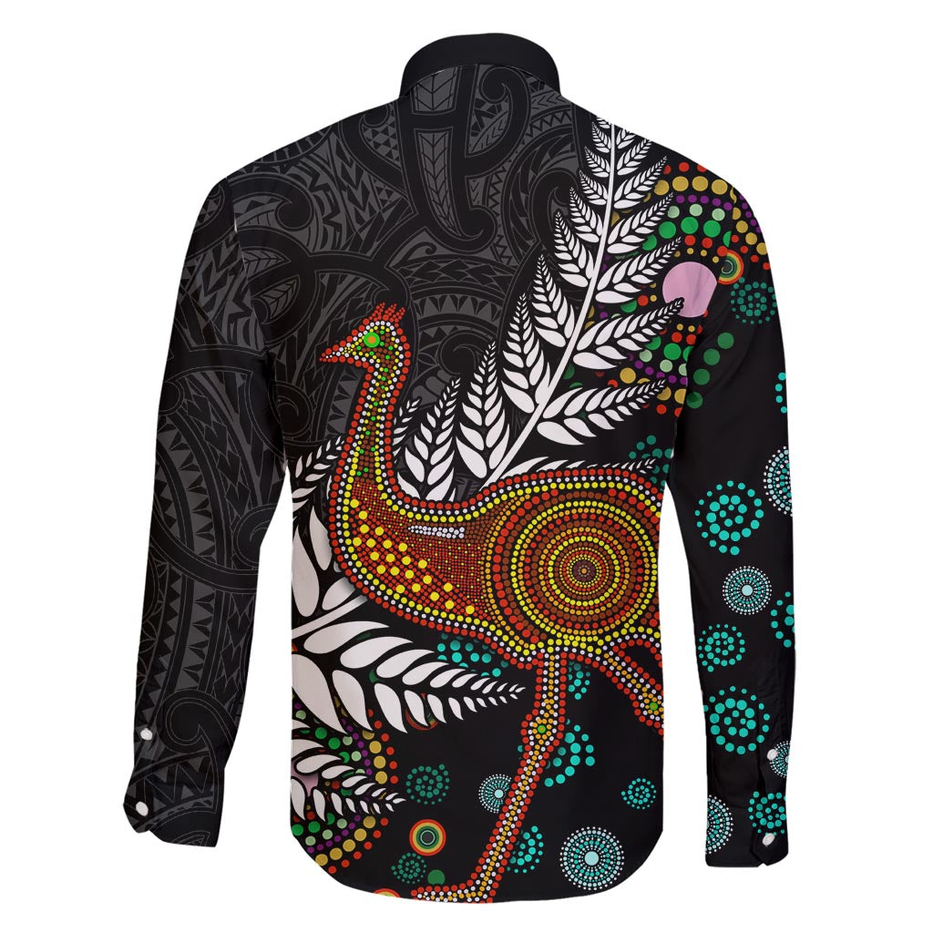 New Zealand Fern and Australia Emu Family Matching Long Sleeve Bodycon Dress and Hawaiian Shirt Aboriginal Mix Maori Pattern LT03 - Polynesian Pride