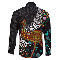 New Zealand Fern and Australia Emu Family Matching Long Sleeve Bodycon Dress and Hawaiian Shirt Aboriginal Mix Maori Pattern LT03 - Polynesian Pride
