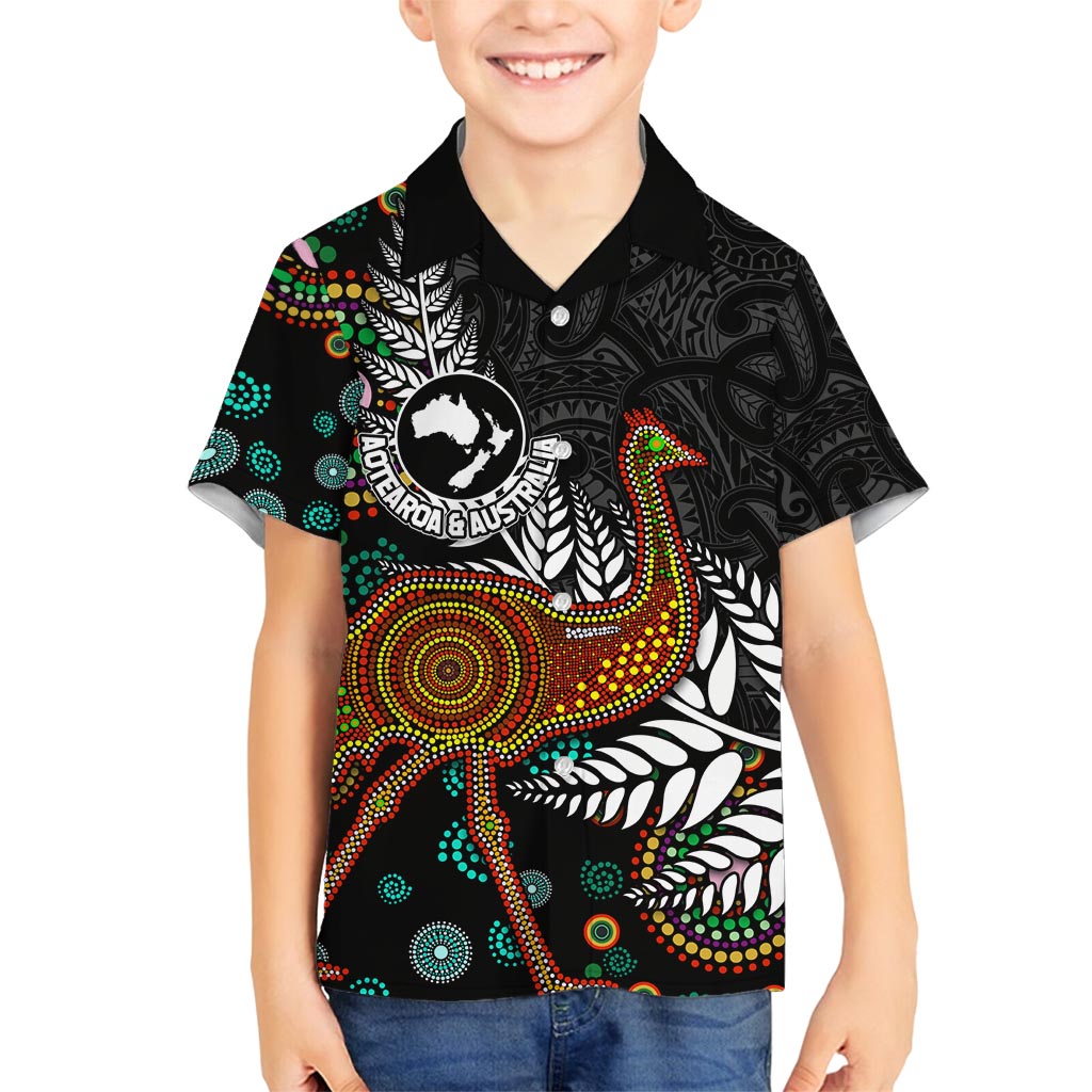 New Zealand Fern and Australia Emu Family Matching Long Sleeve Bodycon Dress and Hawaiian Shirt Aboriginal Mix Maori Pattern LT03 Son's Shirt Blue - Polynesian Pride