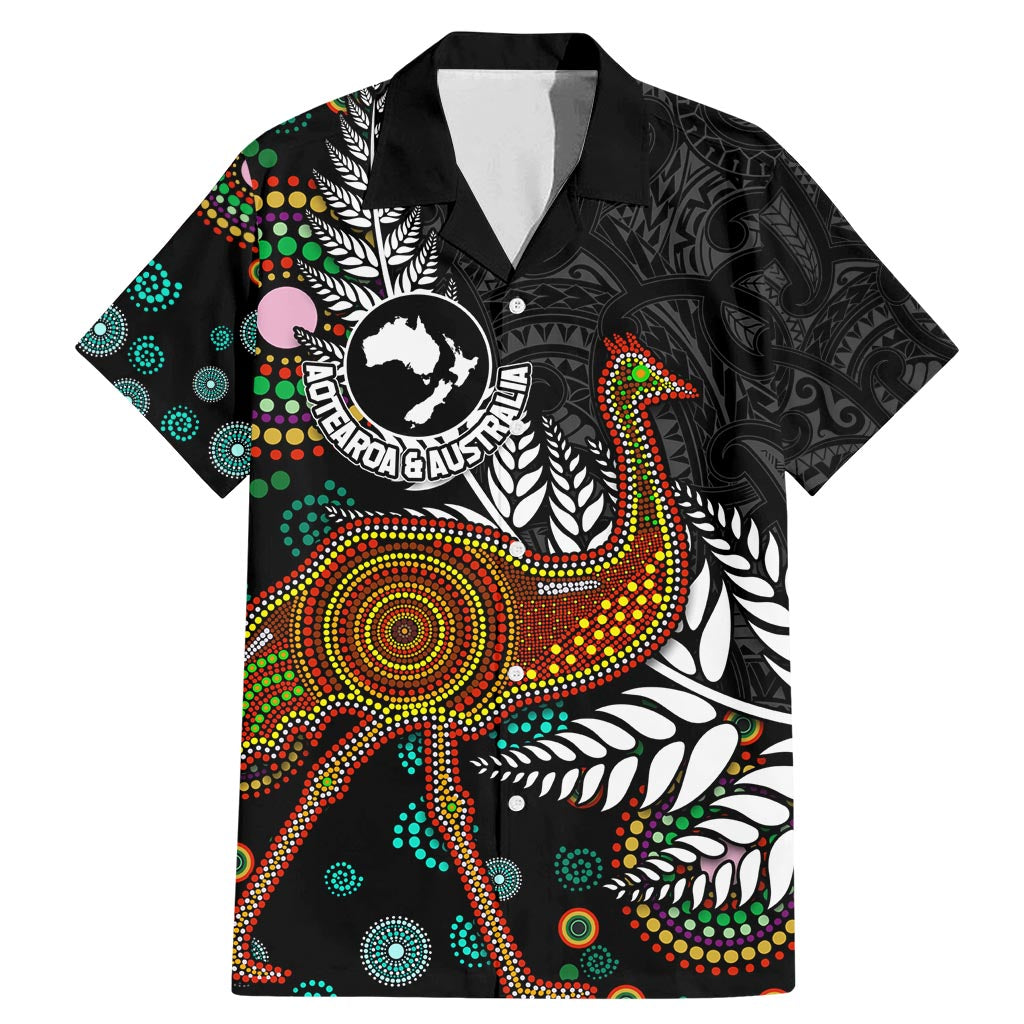 New Zealand Fern and Australia Emu Family Matching Mermaid Dress and Hawaiian Shirt Aboriginal Mix Maori Pattern LT03 Dad's Shirt - Short Sleeve Blue - Polynesian Pride