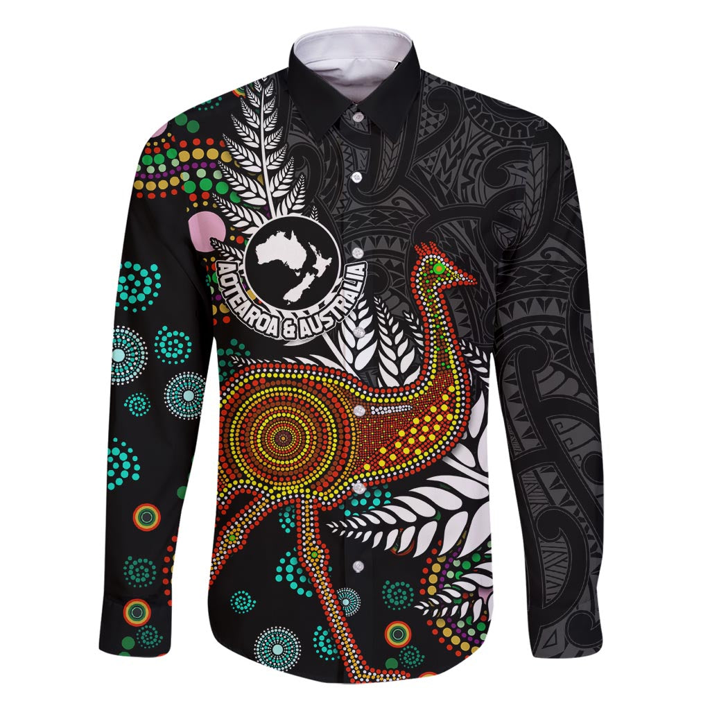 New Zealand Fern and Australia Emu Family Matching Mermaid Dress and Hawaiian Shirt Aboriginal Mix Maori Pattern LT03 Dad's Shirt - Long Sleeve Blue - Polynesian Pride