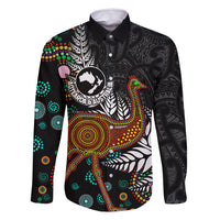 New Zealand Fern and Australia Emu Family Matching Mermaid Dress and Hawaiian Shirt Aboriginal Mix Maori Pattern LT03 Dad's Shirt - Long Sleeve Blue - Polynesian Pride