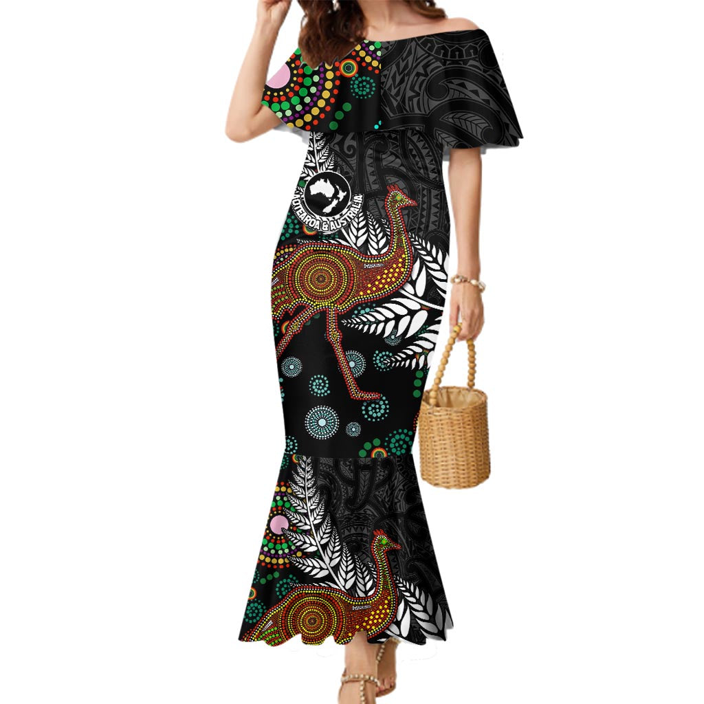 New Zealand Fern and Australia Emu Family Matching Mermaid Dress and Hawaiian Shirt Aboriginal Mix Maori Pattern LT03 Mom's Dress Blue - Polynesian Pride