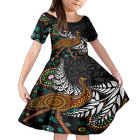 New Zealand Fern and Australia Emu Family Matching Puletasi and Hawaiian Shirt Aboriginal Mix Maori Pattern LT03 Daughter's Dress Blue - Polynesian Pride