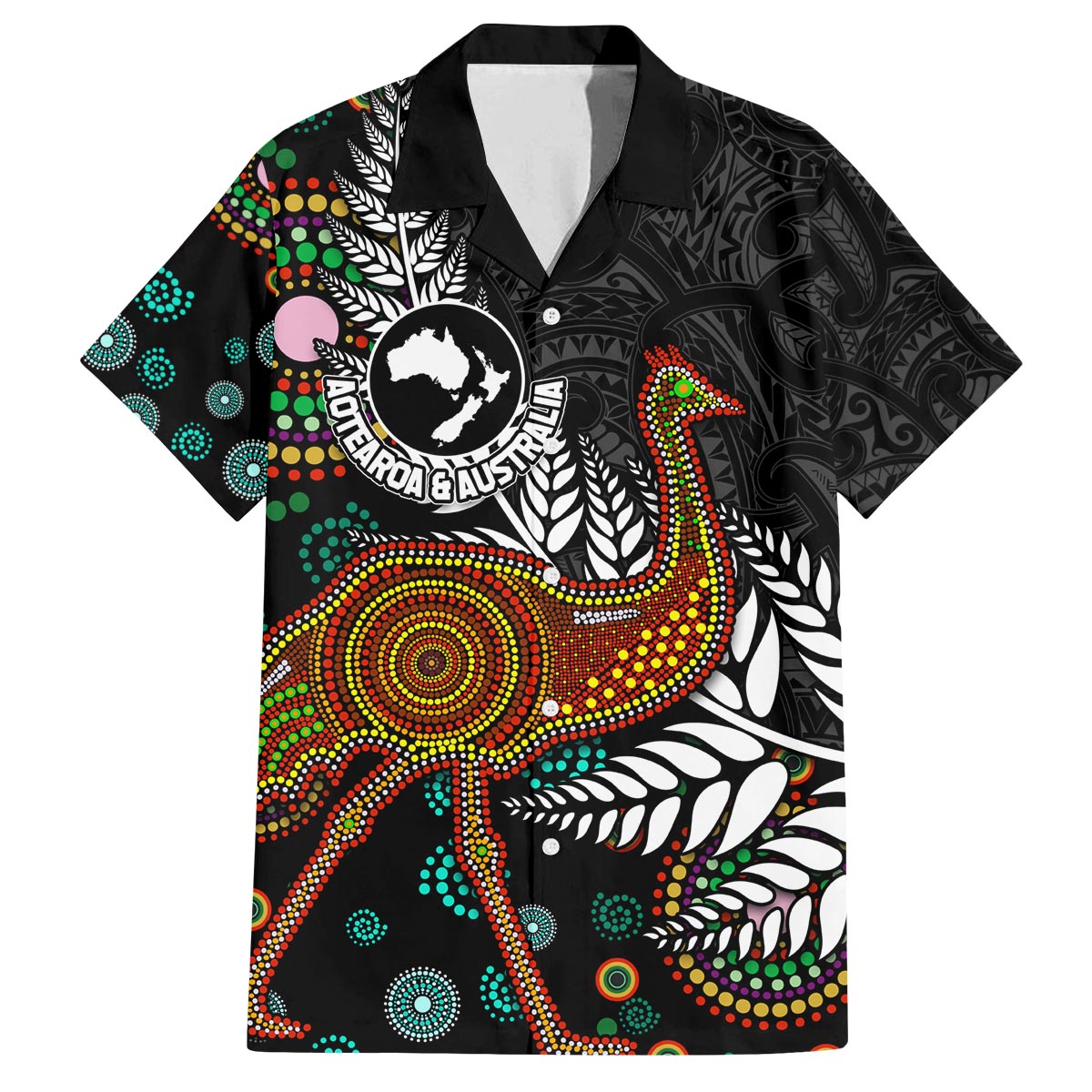 New Zealand Fern and Australia Emu Family Matching Puletasi and Hawaiian Shirt Aboriginal Mix Maori Pattern LT03 Dad's Shirt - Short Sleeve Blue - Polynesian Pride
