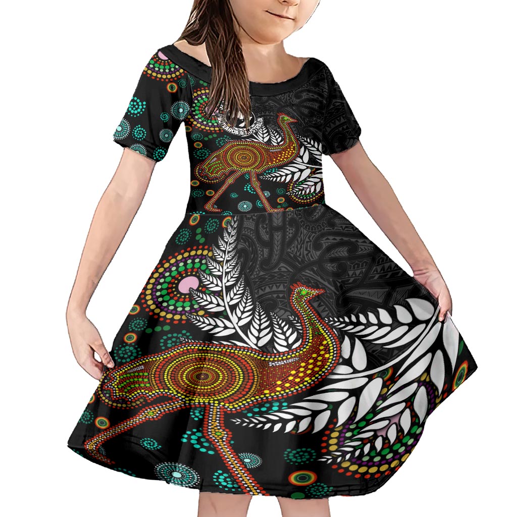 New Zealand Fern and Australia Emu Family Matching Short Sleeve Bodycon Dress and Hawaiian Shirt Aboriginal Mix Maori Pattern LT03 Daughter's Dress Blue - Polynesian Pride