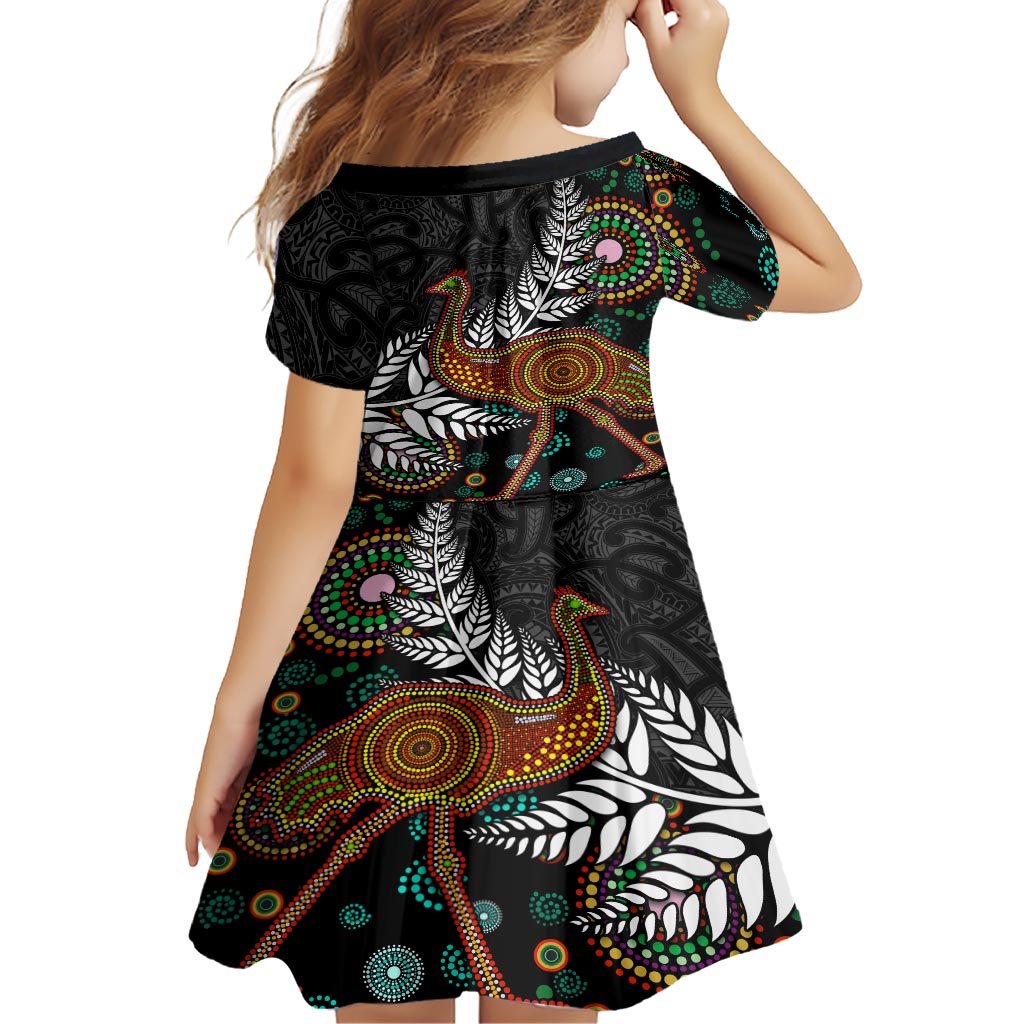New Zealand Fern and Australia Emu Family Matching Short Sleeve Bodycon Dress and Hawaiian Shirt Aboriginal Mix Maori Pattern LT03 - Polynesian Pride