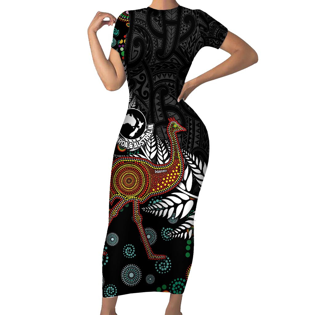 New Zealand Fern and Australia Emu Family Matching Short Sleeve Bodycon Dress and Hawaiian Shirt Aboriginal Mix Maori Pattern LT03 Mom's Dress Blue - Polynesian Pride