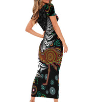 New Zealand Fern and Australia Emu Family Matching Short Sleeve Bodycon Dress and Hawaiian Shirt Aboriginal Mix Maori Pattern LT03 - Polynesian Pride