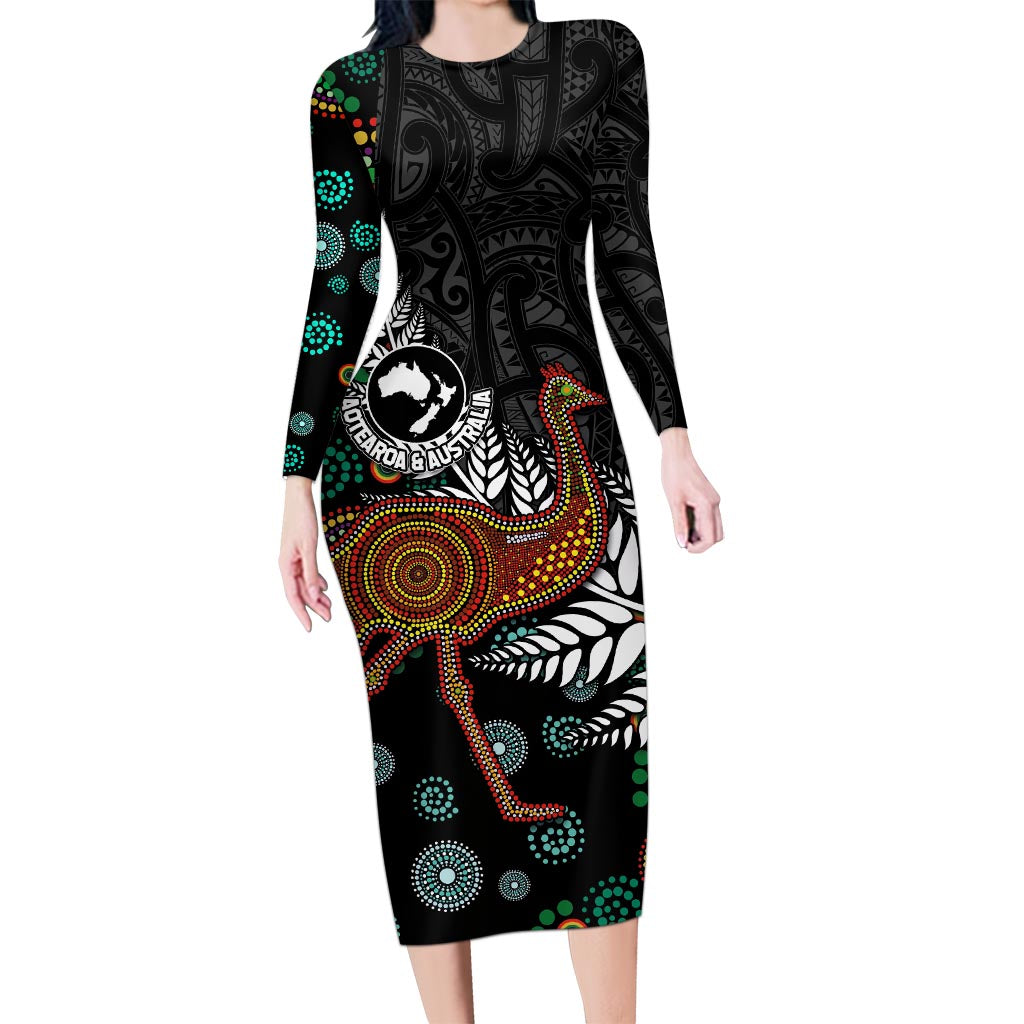 New Zealand Fern and Australia Emu Long Sleeve Bodycon Dress Aboriginal Mix Maori Pattern