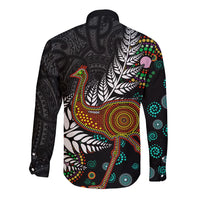 New Zealand Fern and Australia Emu Long Sleeve Button Shirt Aboriginal Mix Maori Pattern