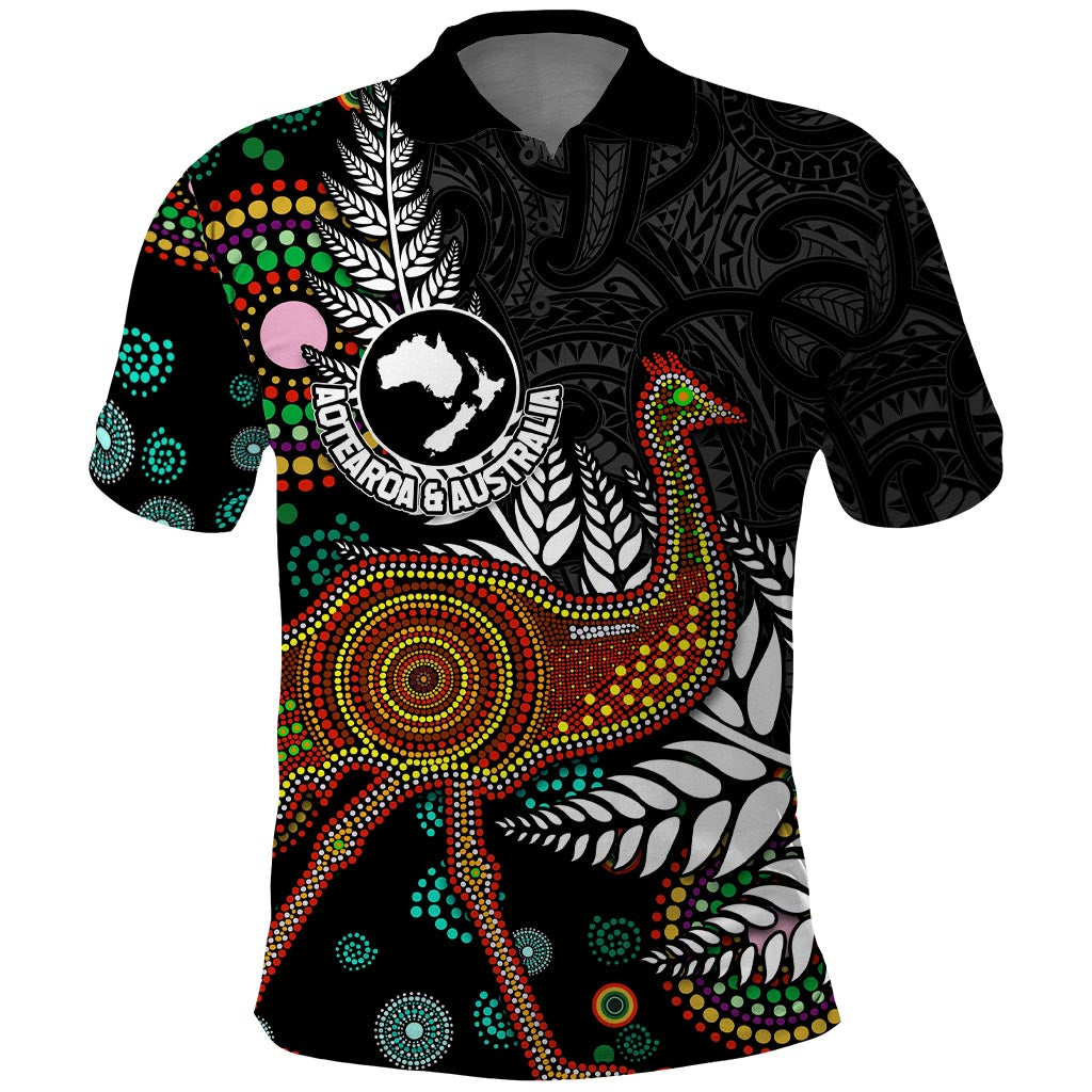 New Zealand Fern and Australia Emu Polo Shirt Aboriginal Mix Maori Pattern LT03 Blue - Polynesian Pride