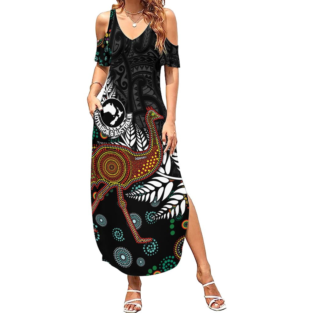 New Zealand Fern and Australia Emu Summer Maxi Dress Aboriginal Mix Maori Pattern LT03 Women Blue - Polynesian Pride