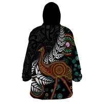 New Zealand Fern and Australia Emu Wearable Blanket Hoodie Aboriginal Mix Maori Pattern