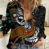 New Zealand Fern and Australia Emu Women Casual Shirt Aboriginal Mix Maori Pattern