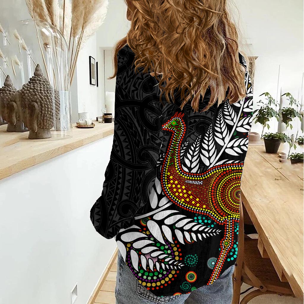 New Zealand Fern and Australia Emu Women Casual Shirt Aboriginal Mix Maori Pattern