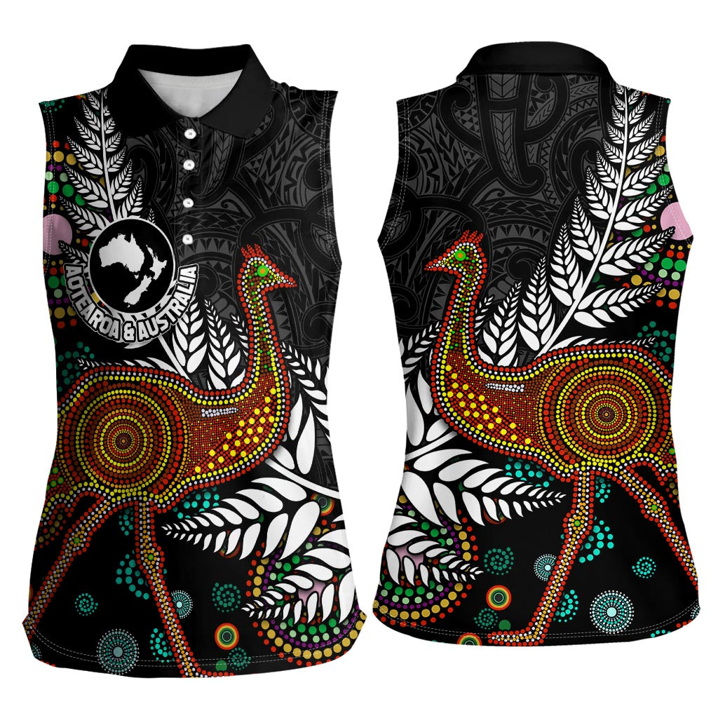 New Zealand Fern and Australia Emu Women Sleeveless Polo Shirt Aboriginal Mix Maori Pattern