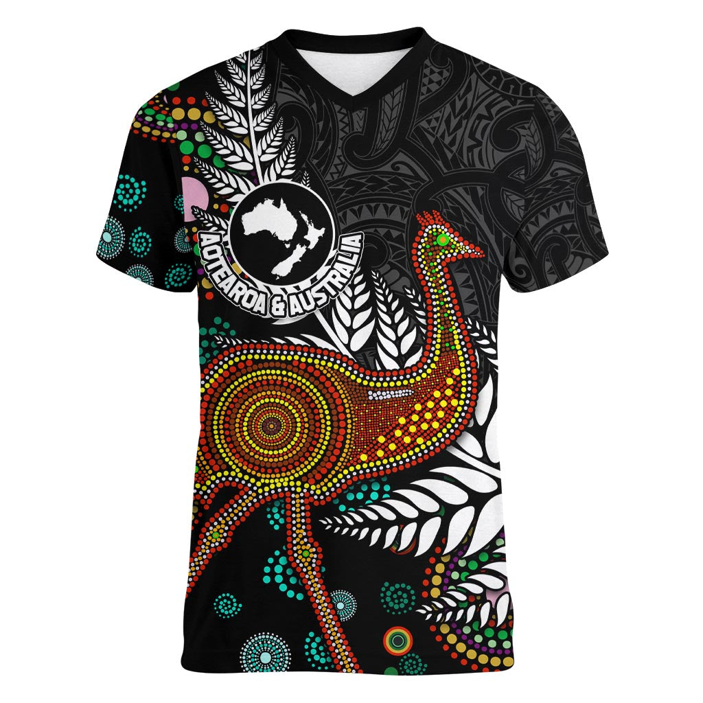 New Zealand Fern and Australia Emu Women V-Neck T-Shirt Aboriginal Mix Maori Pattern