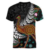 New Zealand Fern and Australia Emu Women V-Neck T-Shirt Aboriginal Mix Maori Pattern
