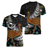 New Zealand Fern and Australia Emu Women V-Neck T-Shirt Aboriginal Mix Maori Pattern