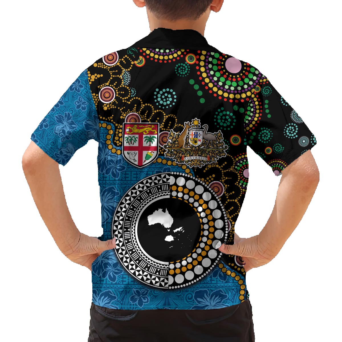 Fiji Palm Tree and Australia Kangaroo Family Matching Puletasi and Hawaiian Shirt Aboriginal Mix Tapa Pattern LT03 - Polynesian Pride