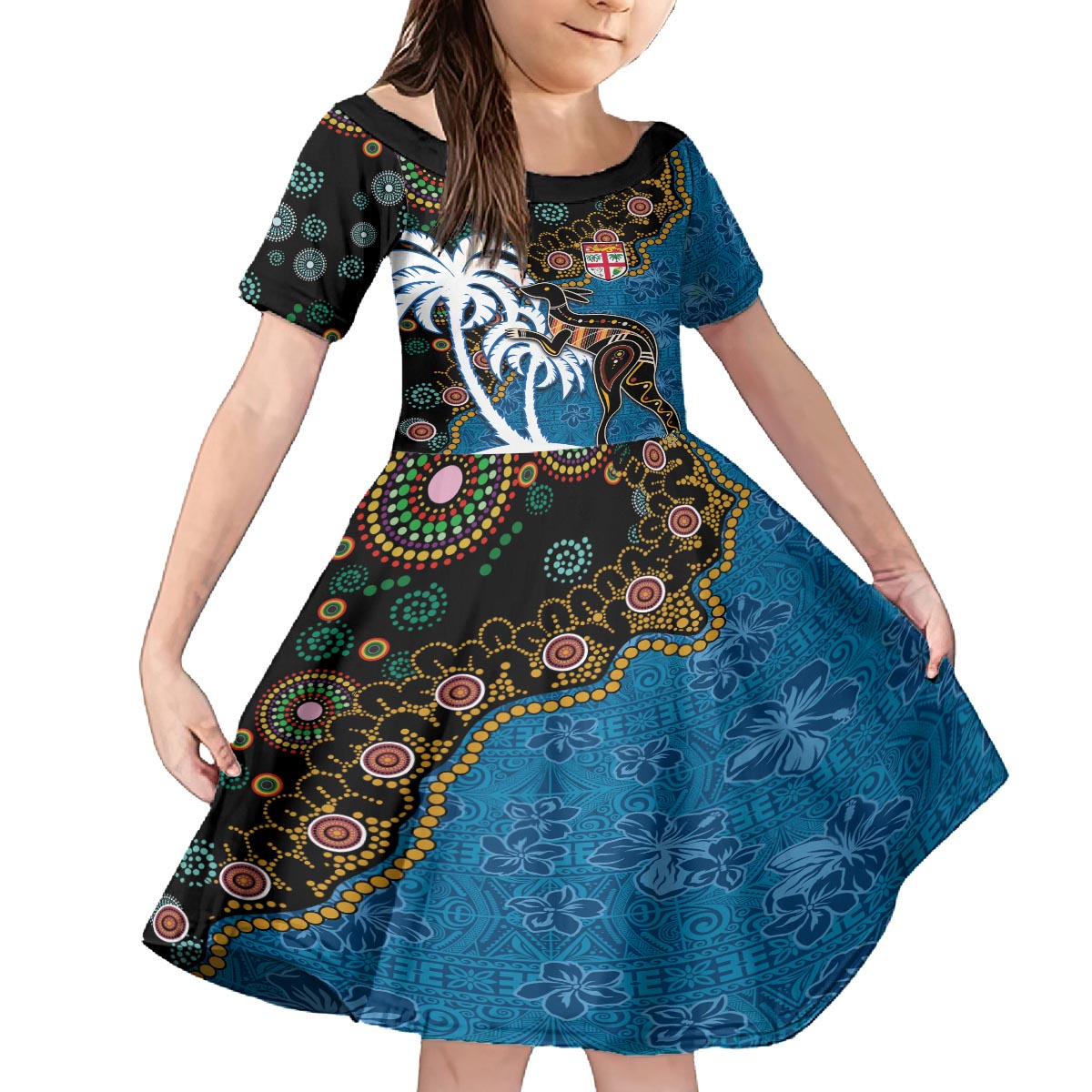 Fiji Palm Tree and Australia Kangaroo Family Matching Puletasi and Hawaiian Shirt Aboriginal Mix Tapa Pattern LT03 Daughter's Dress Blue - Polynesian Pride