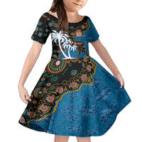 Fiji Palm Tree and Australia Kangaroo Family Matching Puletasi and Hawaiian Shirt Aboriginal Mix Tapa Pattern LT03 Daughter's Dress Blue - Polynesian Pride