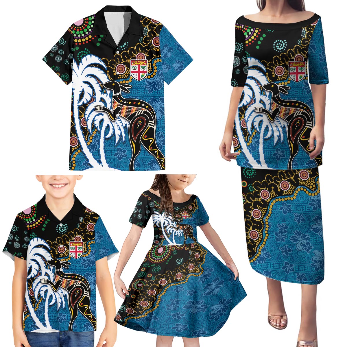 Fiji Palm Tree and Australia Kangaroo Family Matching Puletasi and Hawaiian Shirt Aboriginal Mix Tapa Pattern LT03 - Polynesian Pride