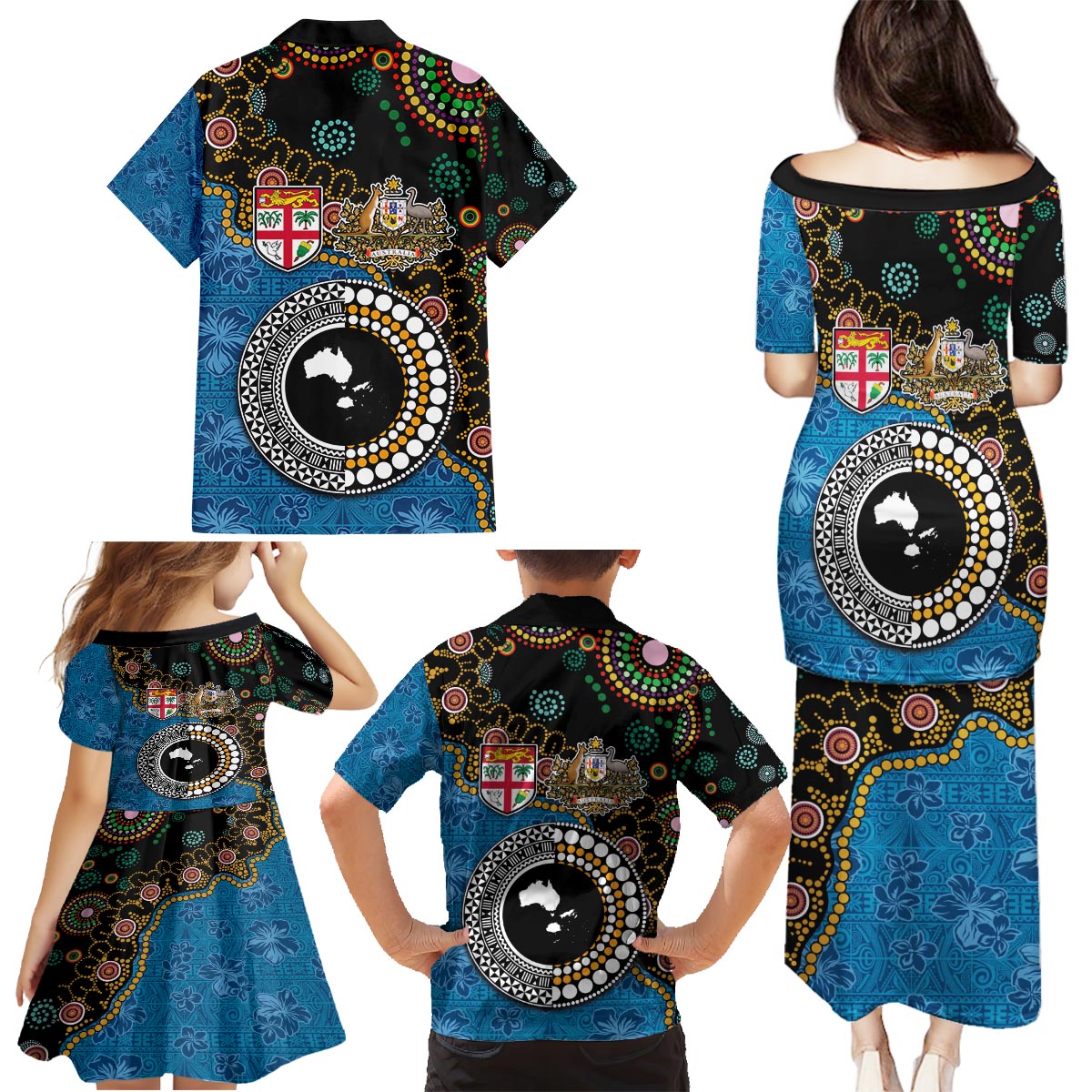 Fiji Palm Tree and Australia Kangaroo Family Matching Puletasi and Hawaiian Shirt Aboriginal Mix Tapa Pattern LT03 - Polynesian Pride