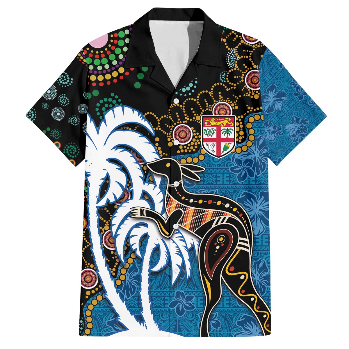Fiji Palm Tree and Australia Kangaroo Family Matching Puletasi and Hawaiian Shirt Aboriginal Mix Tapa Pattern LT03 Dad's Shirt - Short Sleeve Blue - Polynesian Pride