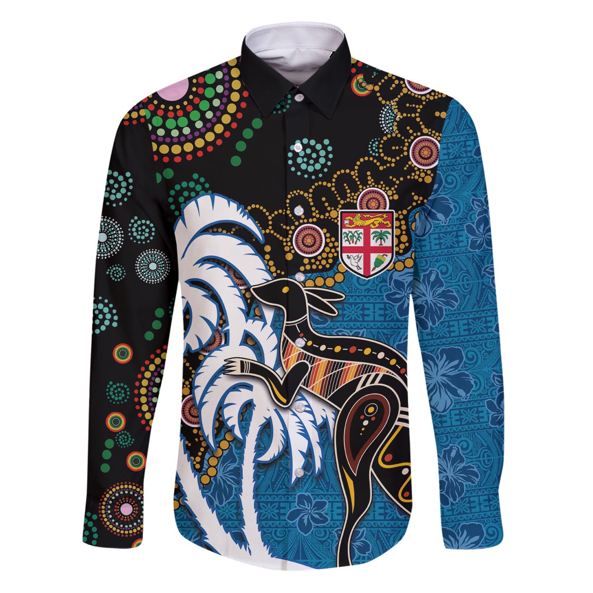 Fiji Palm Tree and Australia Kangaroo Family Matching Puletasi and Hawaiian Shirt Aboriginal Mix Tapa Pattern LT03 Dad's Shirt - Long Sleeve Blue - Polynesian Pride