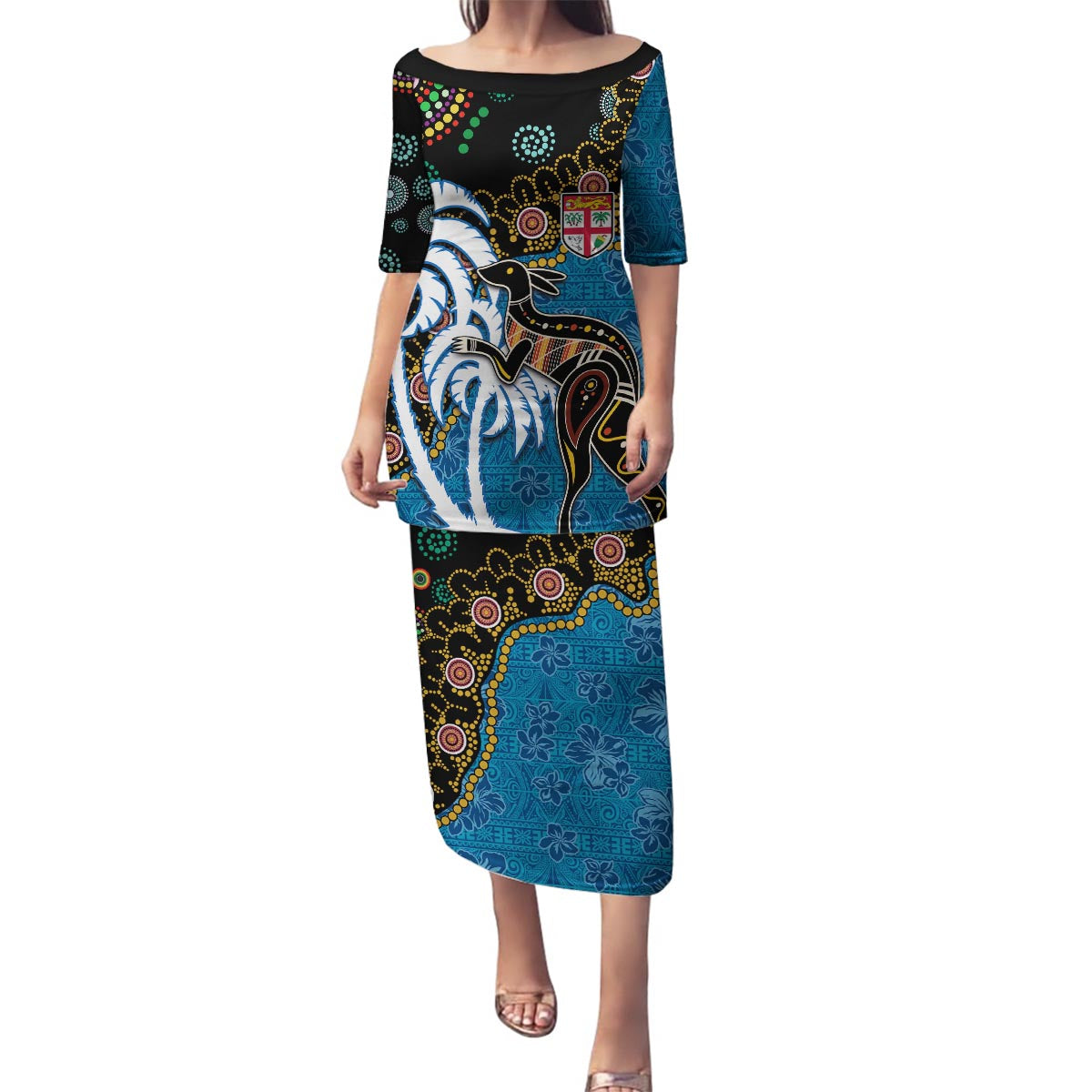 Fiji Palm Tree and Australia Kangaroo Family Matching Puletasi and Hawaiian Shirt Aboriginal Mix Tapa Pattern LT03 Mom's Dress Blue - Polynesian Pride