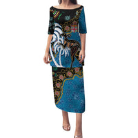 Fiji Palm Tree and Australia Kangaroo Family Matching Puletasi and Hawaiian Shirt Aboriginal Mix Tapa Pattern LT03 Mom's Dress Blue - Polynesian Pride