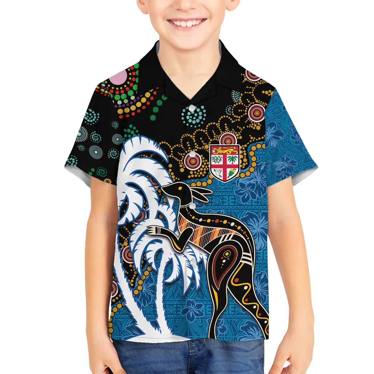 Fiji Palm Tree and Australia Kangaroo Family Matching Puletasi and Hawaiian Shirt Aboriginal Mix Tapa Pattern LT03 Son's Shirt Blue - Polynesian Pride