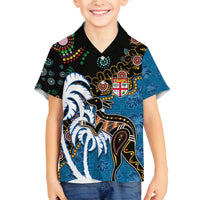 Fiji Palm Tree and Australia Kangaroo Family Matching Puletasi and Hawaiian Shirt Aboriginal Mix Tapa Pattern LT03 Son's Shirt Blue - Polynesian Pride