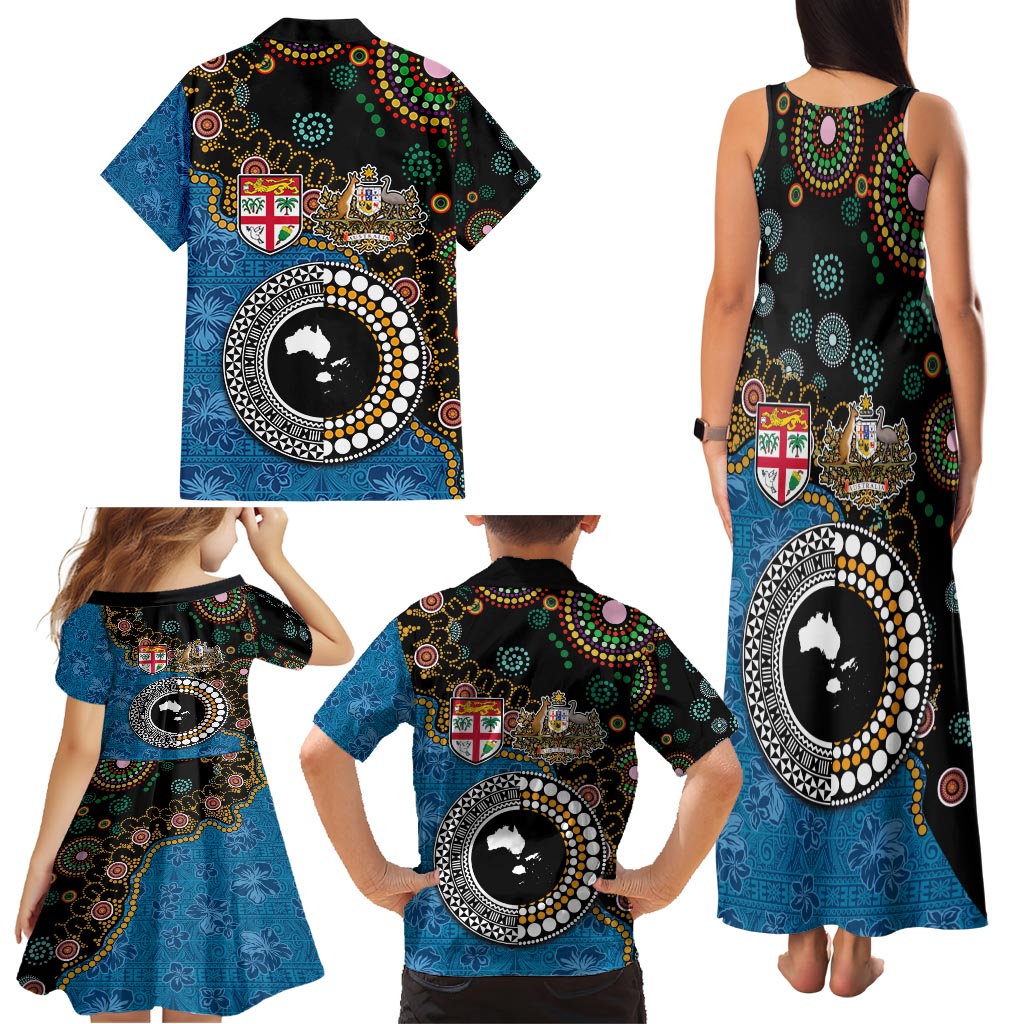 Fiji Palm Tree and Australia Kangaroo Family Matching Tank Maxi Dress and Hawaiian Shirt Aboriginal Mix Tapa Pattern