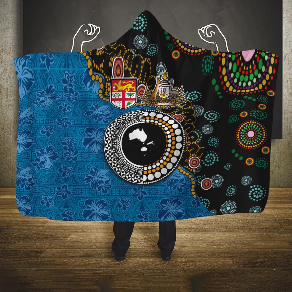 Fiji Palm Tree and Australia Kangaroo Hooded Blanket Aboriginal Mix Tapa Pattern LT03 One Size Blue - Polynesian Pride