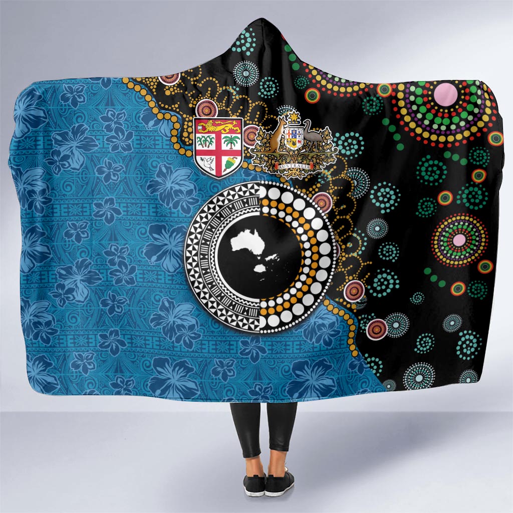 Fiji Palm Tree and Australia Kangaroo Hooded Blanket Aboriginal Mix Tapa Pattern LT03 - Polynesian Pride