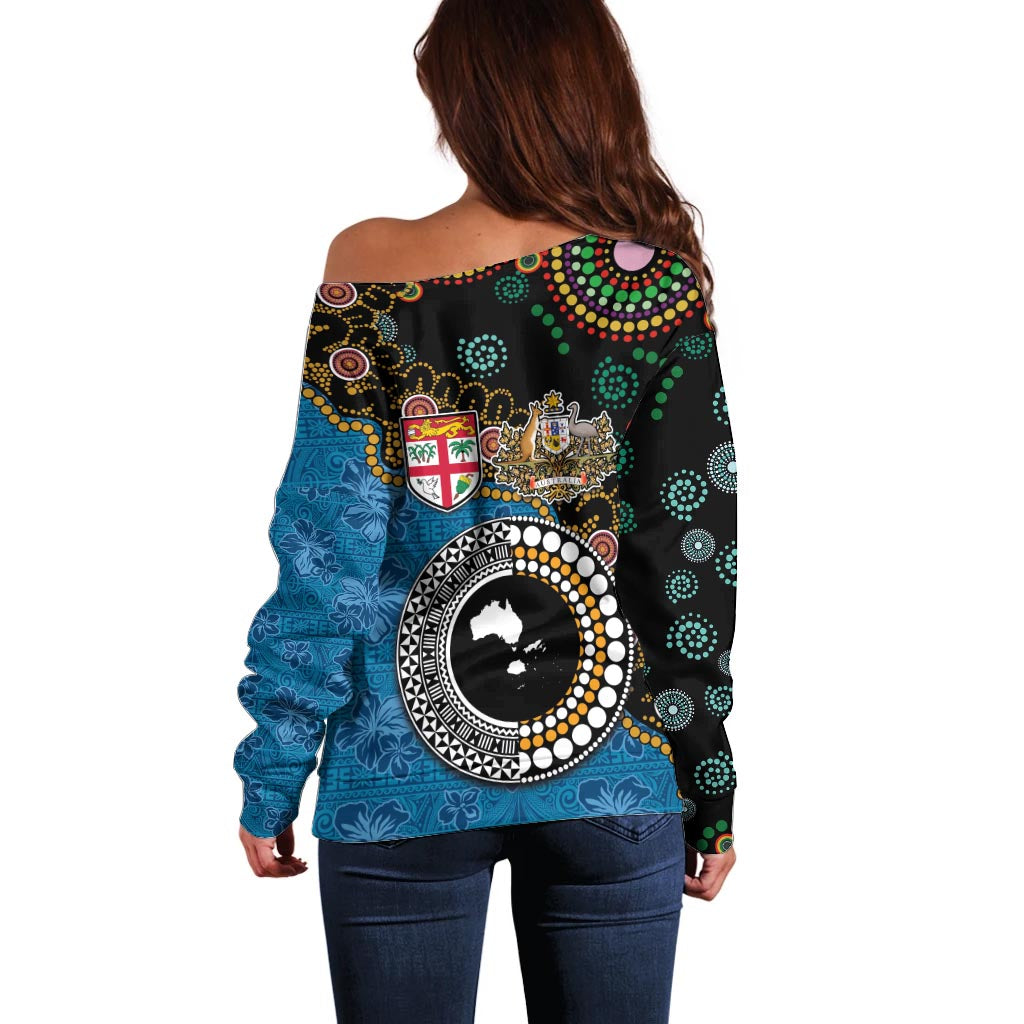 Fiji Palm Tree and Australia Kangaroo Off Shoulder Sweater Aboriginal Mix Tapa Pattern LT03 - Polynesian Pride